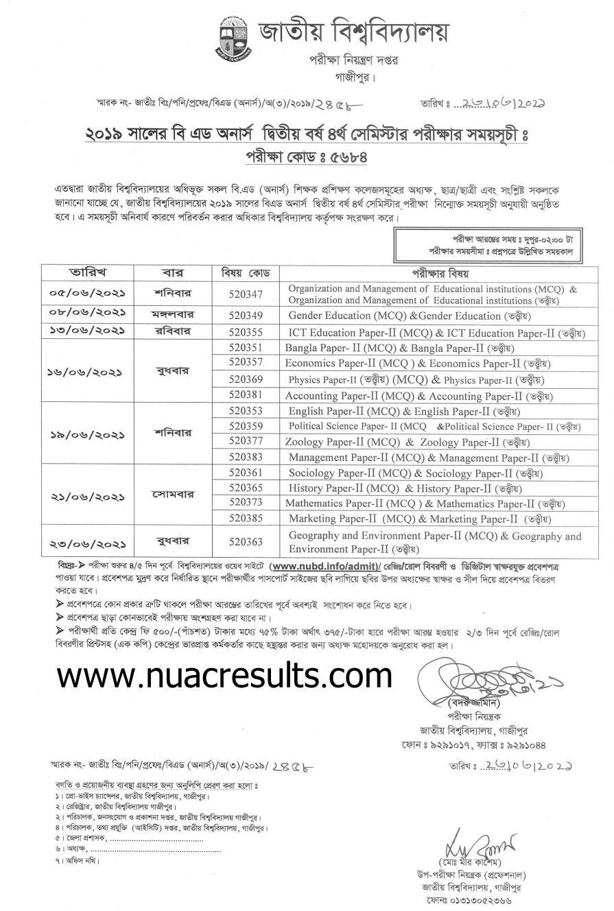 BEd Honours 2nd year 4th Semester Exam Routine