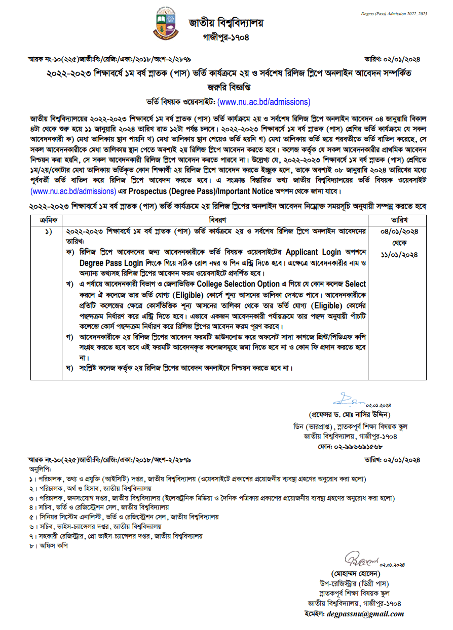 2nd release slip application for degree (pass) admission 2022-2023