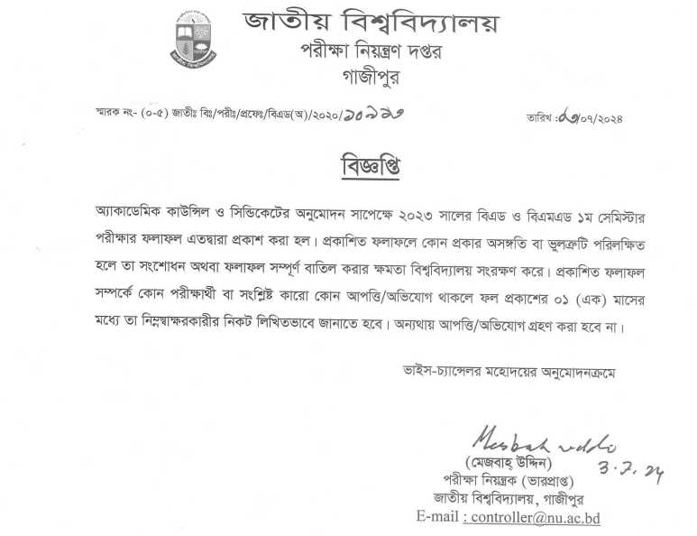 NU BEd Exam Result 2024 Published by National University - www.nu.ac.bd